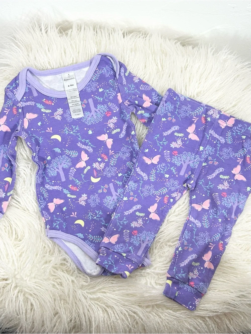 The Peanutshell Baby Girls Butterfly Pajama Set Purple Long Sleeve 6-9 Months